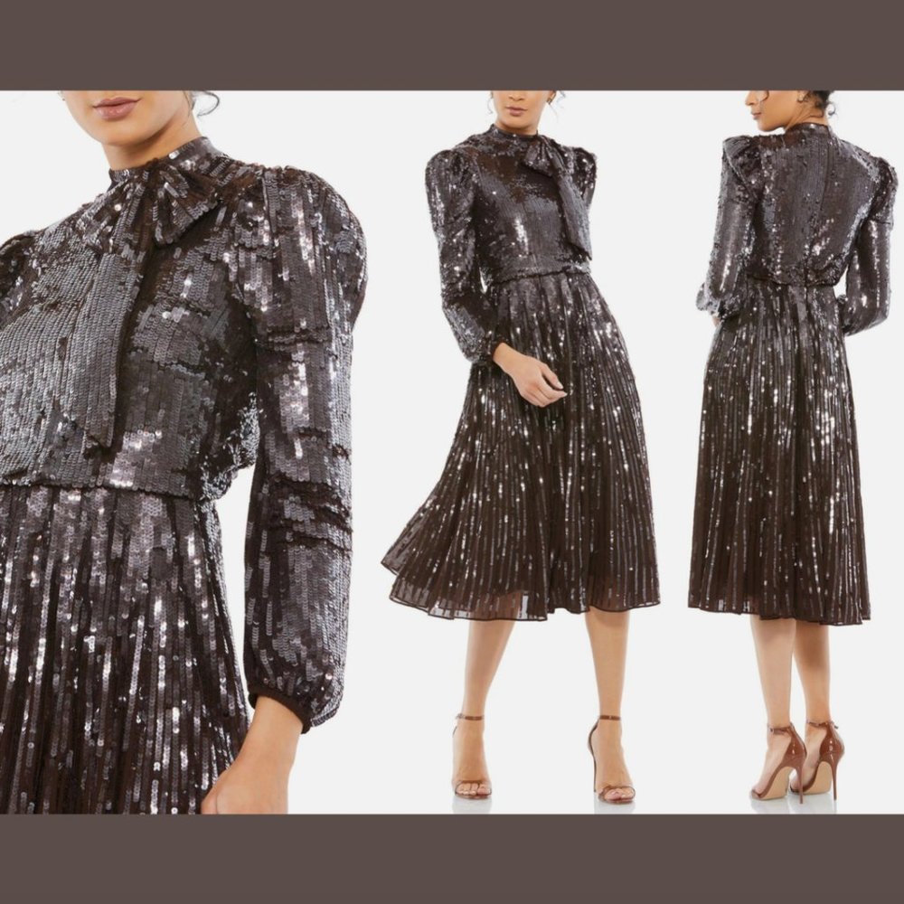 NWT $598 Mac Duggal [ SZ 6 ] Long Sleeve‎ Tea Length Dress Dark Chocolate #Q558